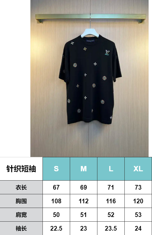 Summer New Letter Flower Hot Diamond Knitted Short Sleeve T-shirt