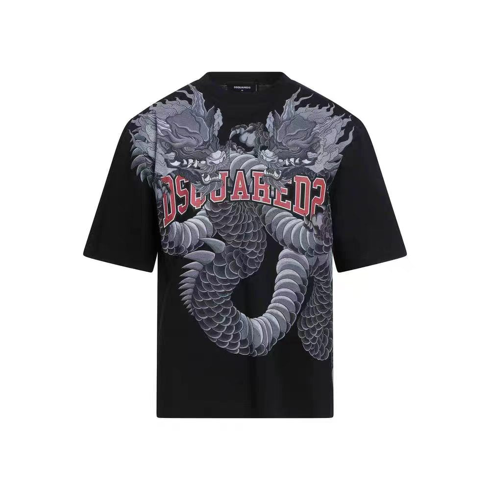 Letter dragon print round neck short sleeved shirt