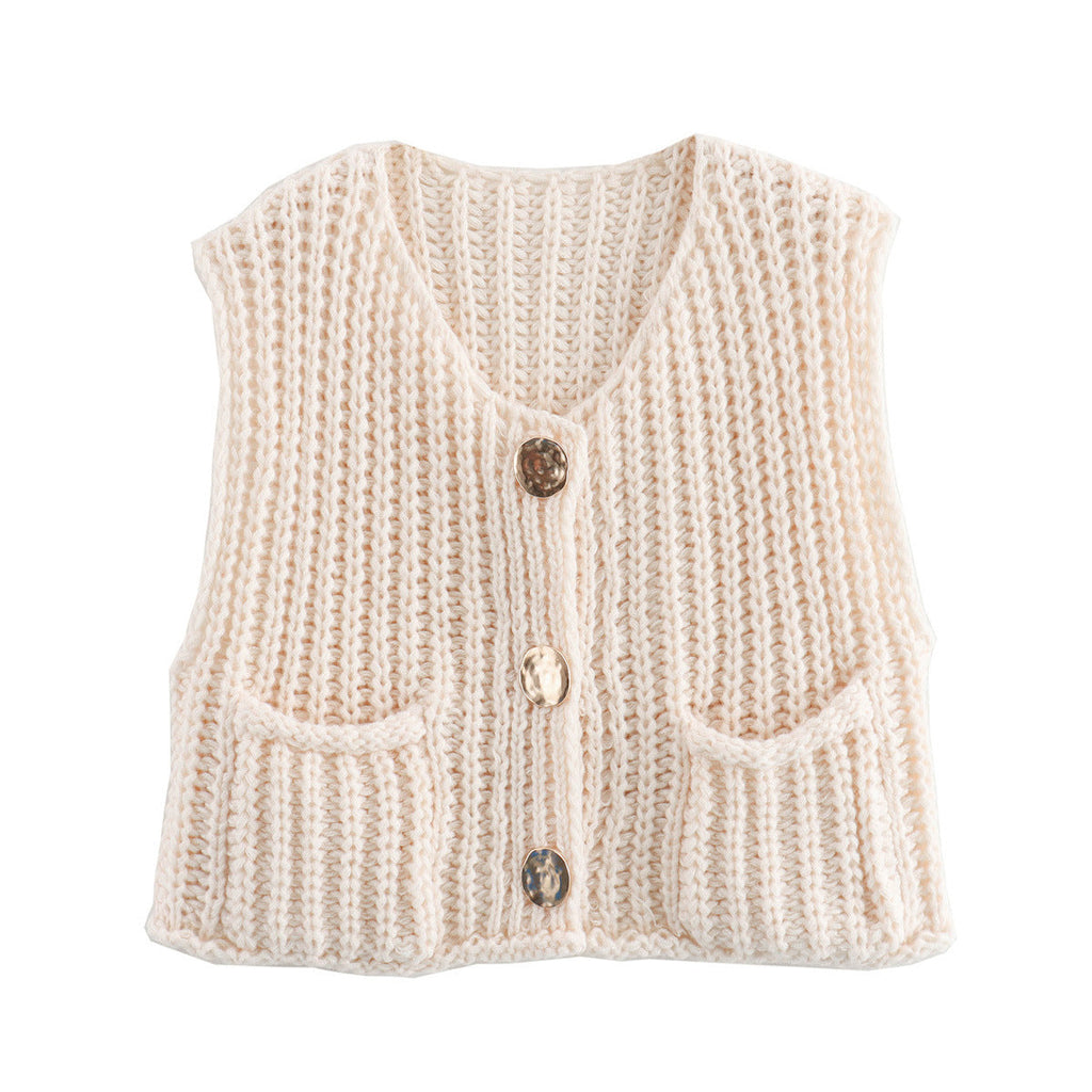 Pocket Sleeveless Short Knit Cardigan