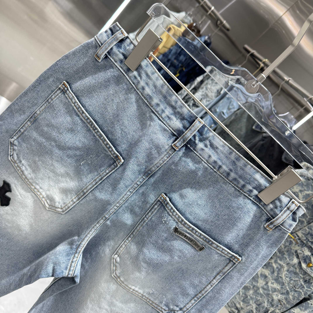 Spring and summer new cross denim shorts made of split leather