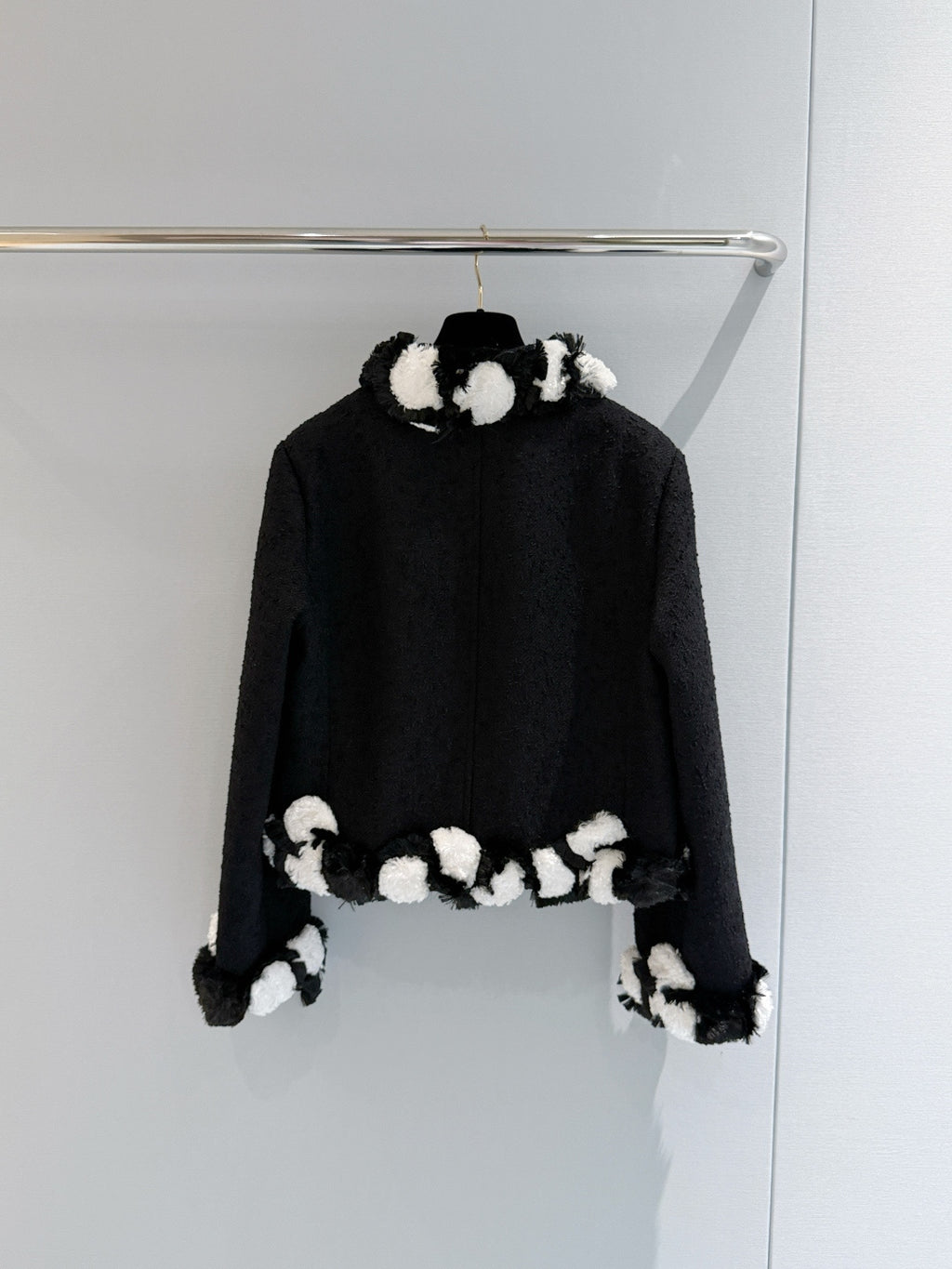 Black Textured Tweed Cropped Jacket | Black & White Pom Pom Fringe Trim Outerwear