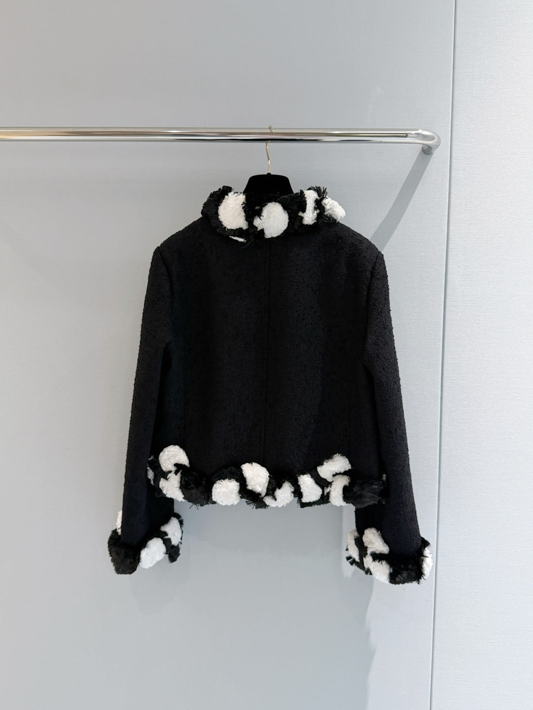 Black Textured Tweed Cropped Jacket | Black & White Pom Pom Fringe Trim Outerwear