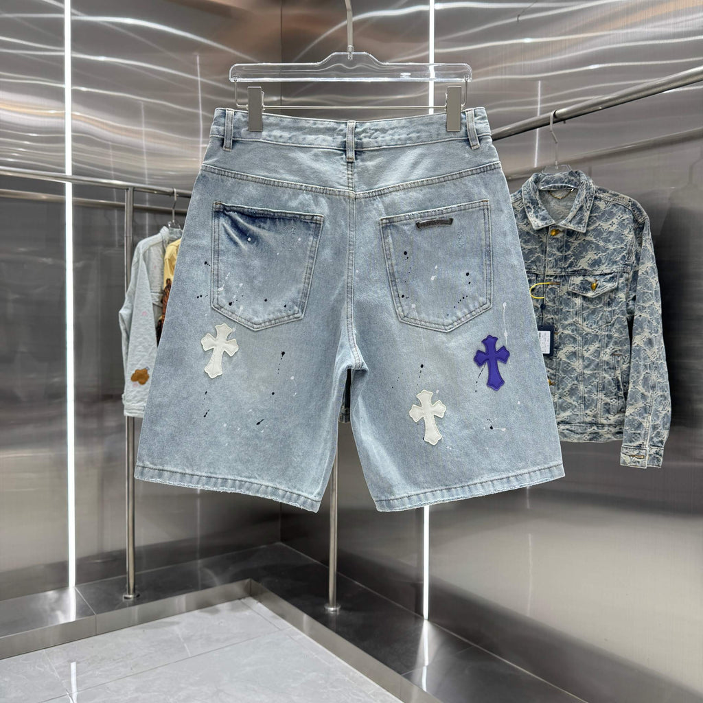 New split leather cross denim shorts