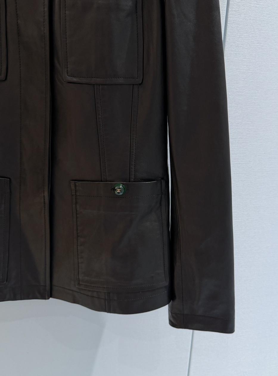 Women’s Vintage Smooth Leather-Look Jacket, Round Collar & Multi Pocket Design