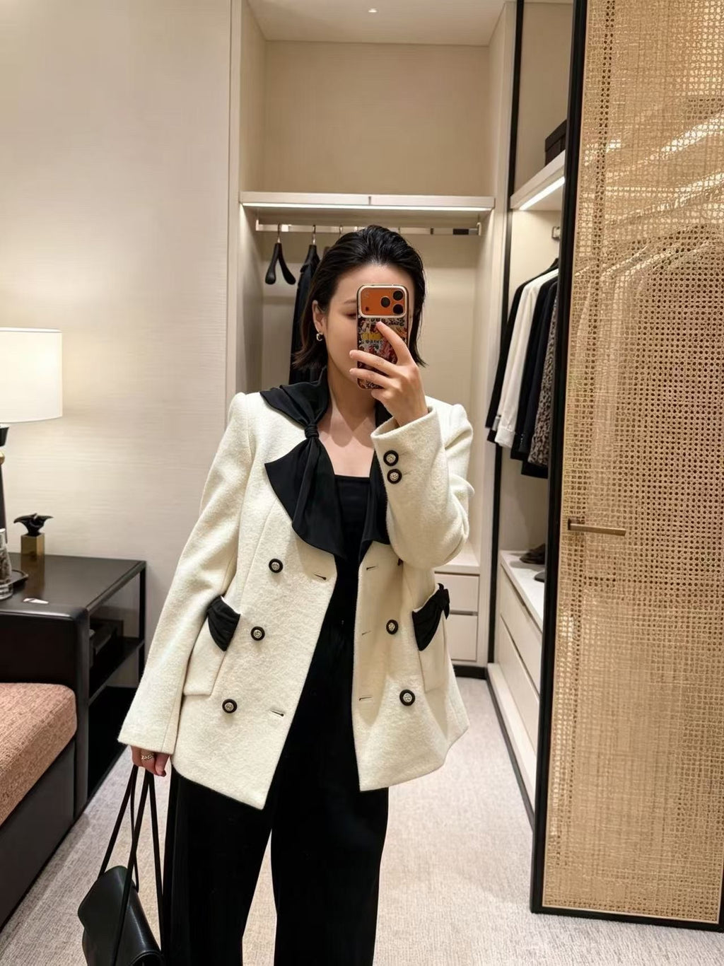 Elegant White Double-Breasted Wool Coat | Black Bow Detail Tweed Jacket