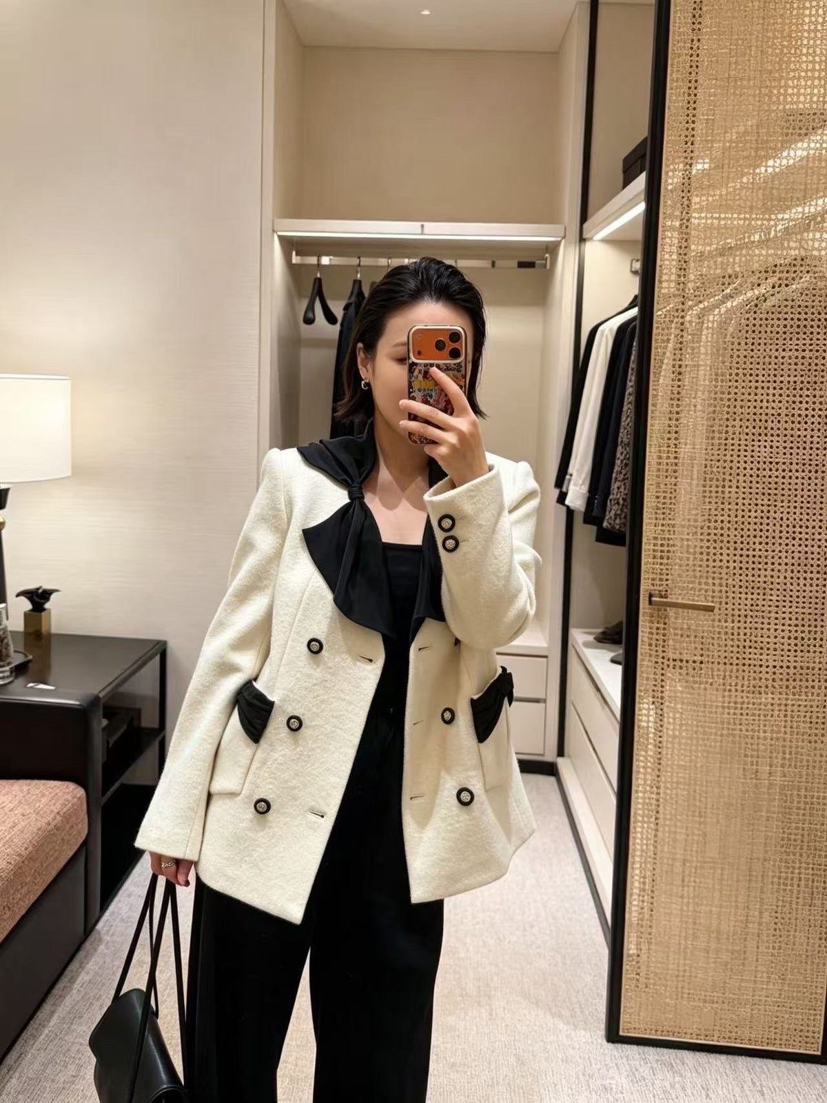 Elegant White Double-Breasted Wool Coat | Black Bow Detail Tweed Jacket