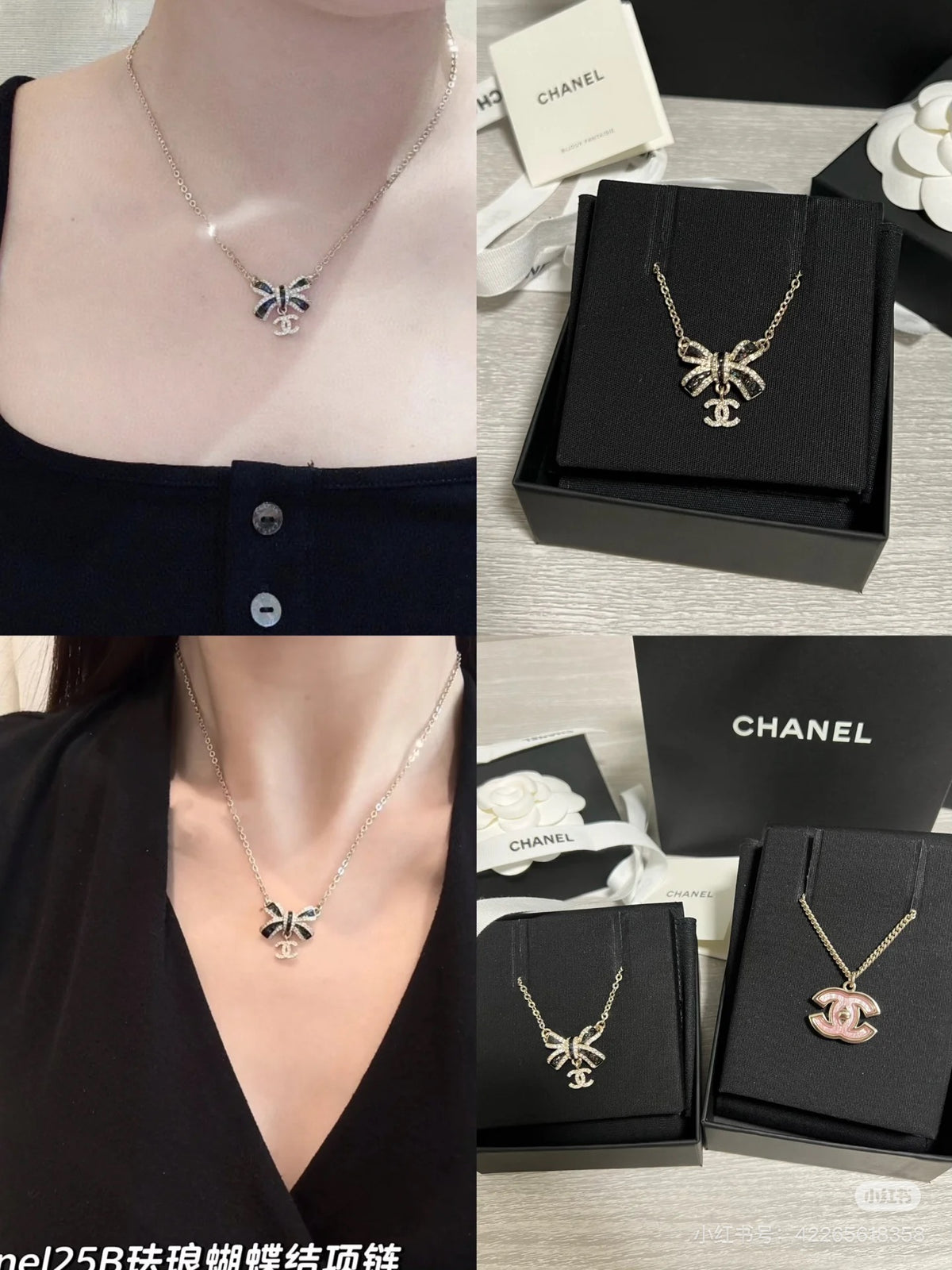 Black gold iridescent enamel bow necklace