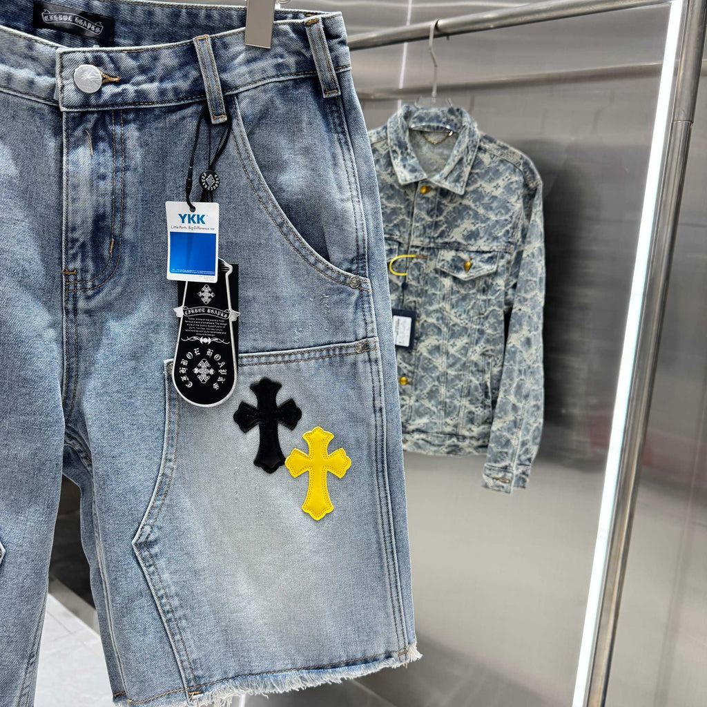 Spring and summer new cross denim shorts made of split leather