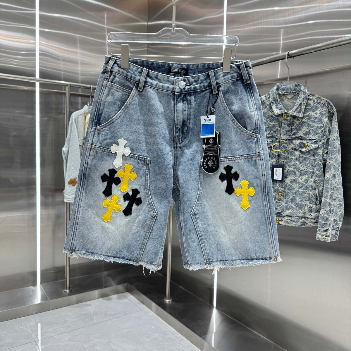 Spring and summer new cross denim shorts made of split leather