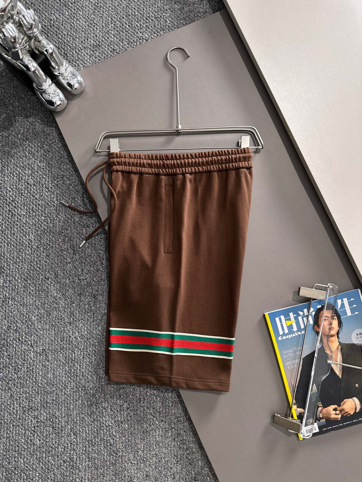 Classic woven ribbon splicing leather casual shorts