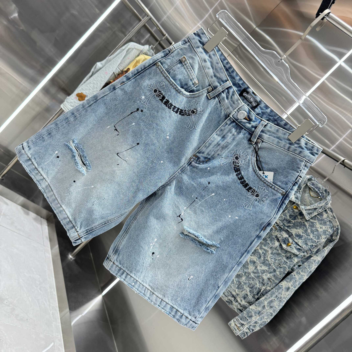 Spring and summer new cross denim shorts made of split leather