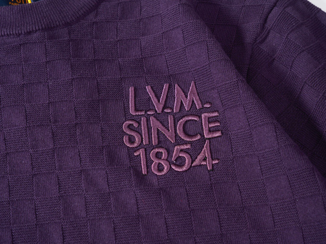 Letter Embroidered Check Jacquard T-Shirt