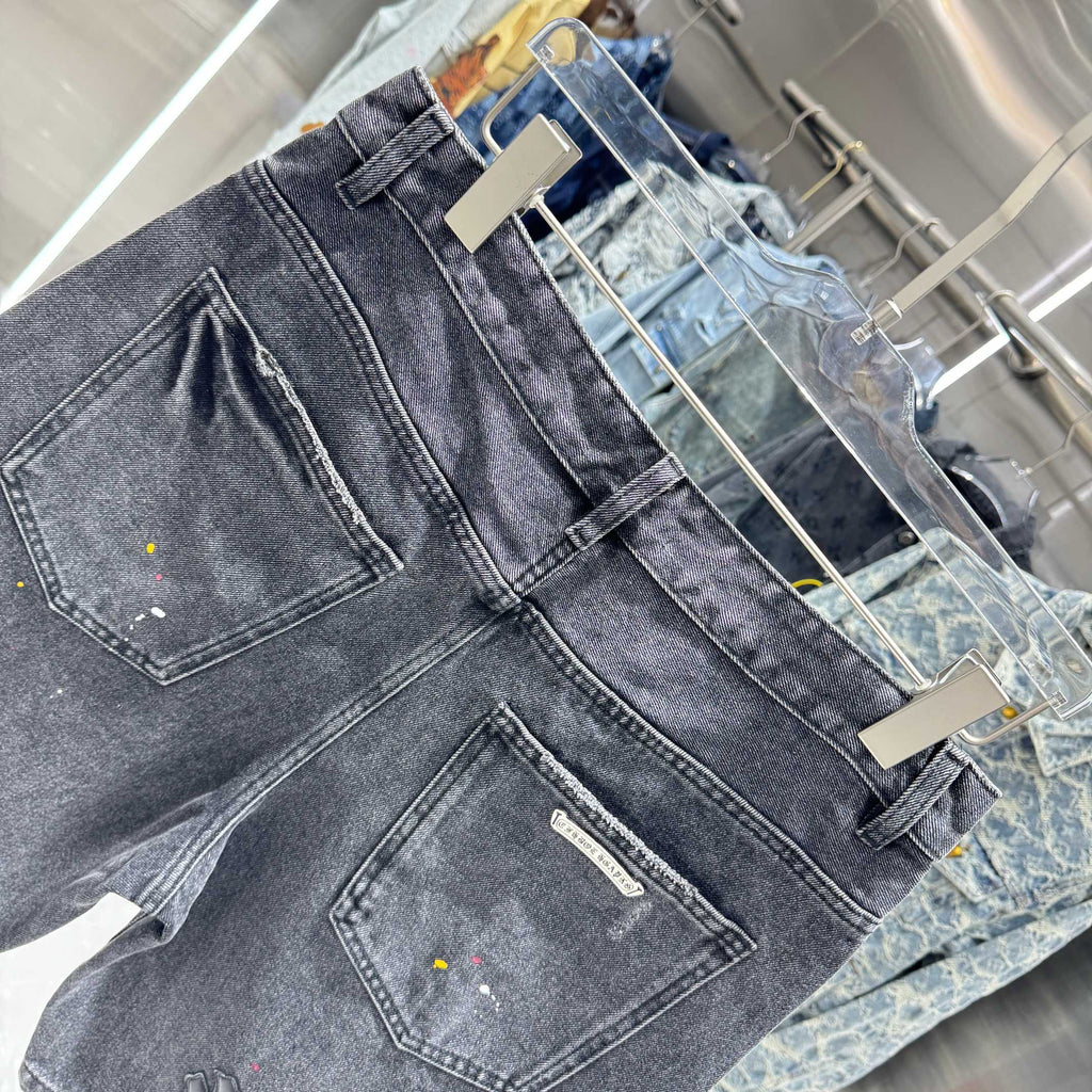 New split leather cross denim shorts