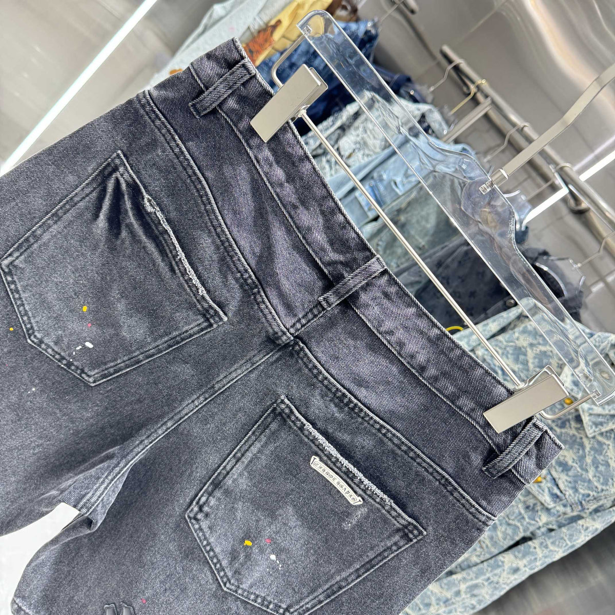 New split leather cross denim shorts