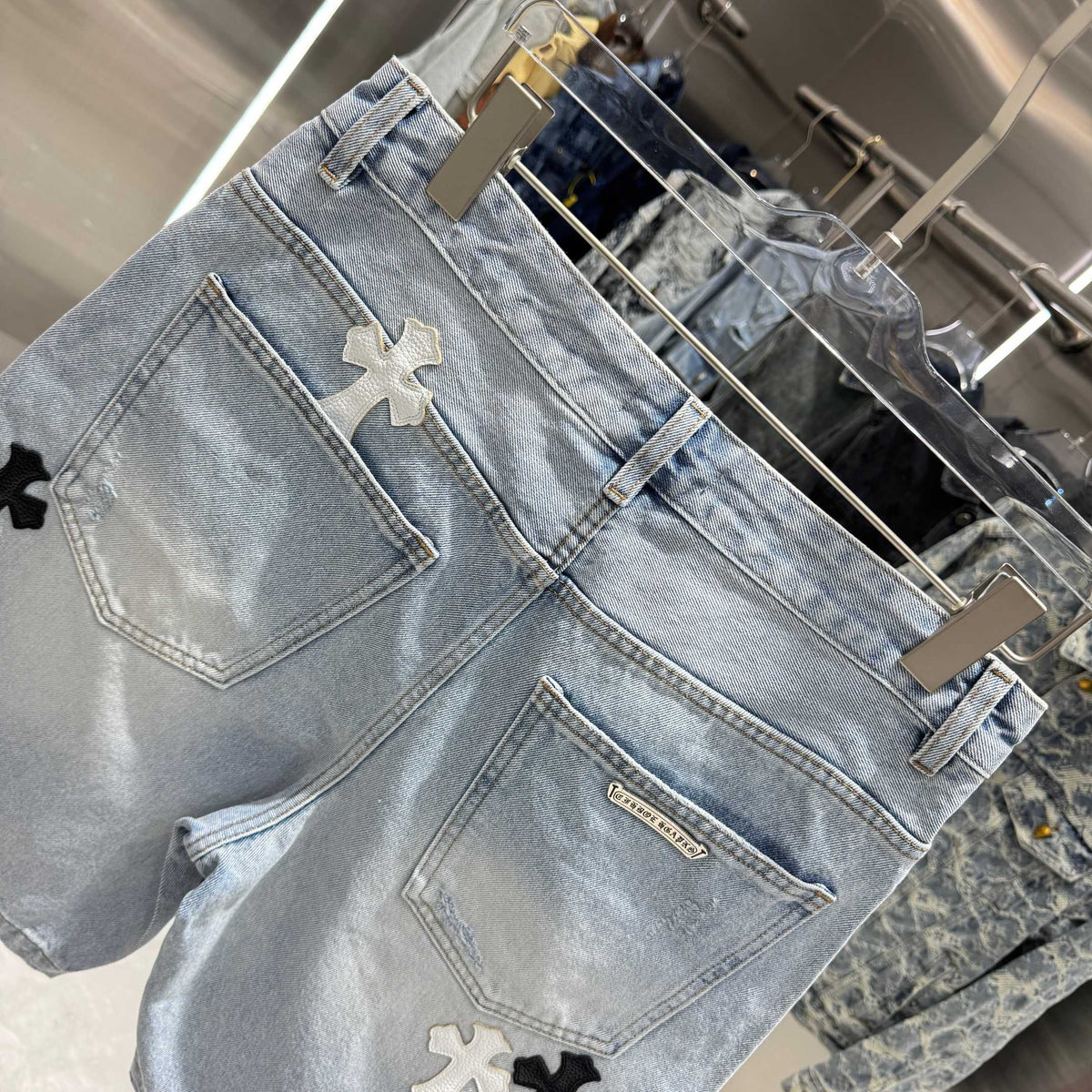Spring and summer new cross denim shorts made of split leather