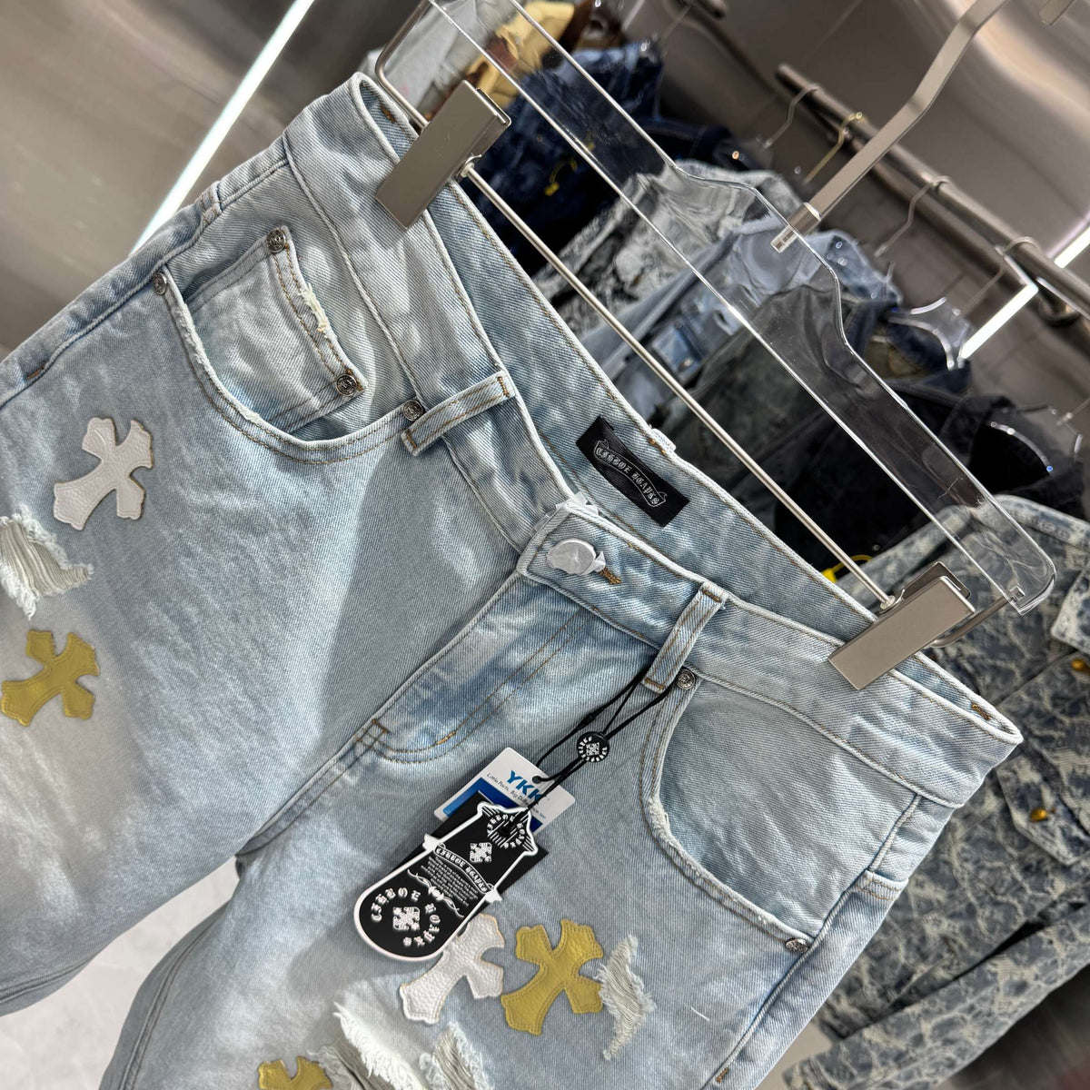 Spring and summer new cross denim shorts made of split leather