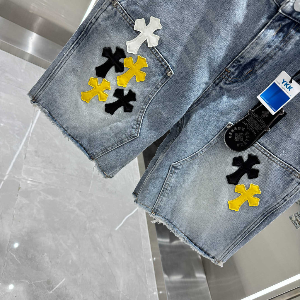 Spring and summer new cross denim shorts made of split leather