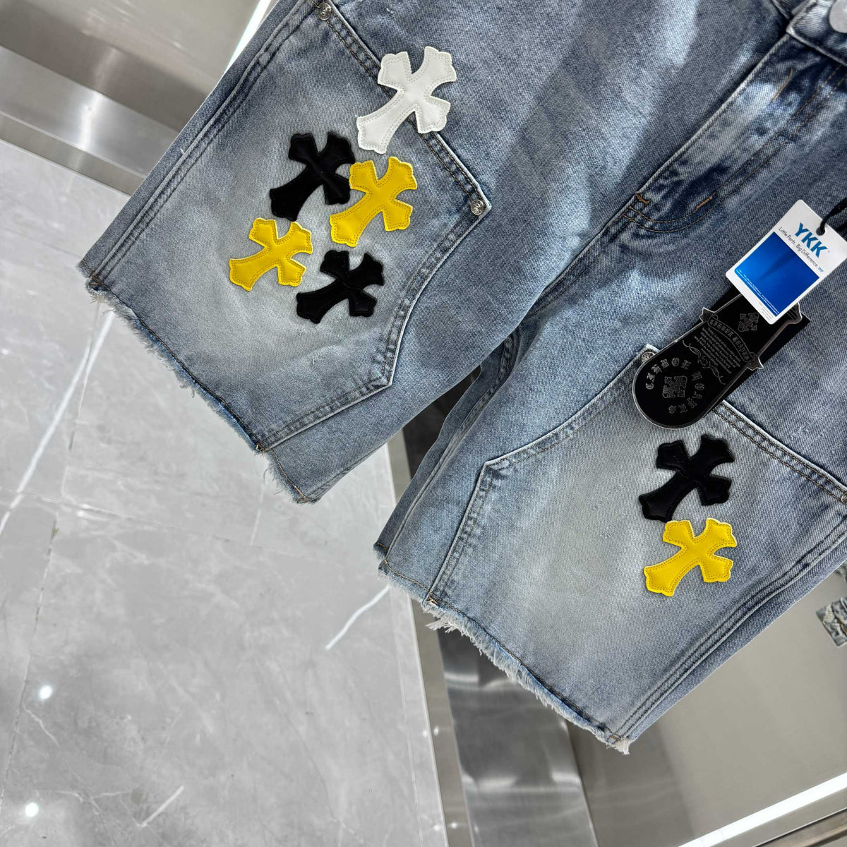 Spring and summer new cross denim shorts made of split leather