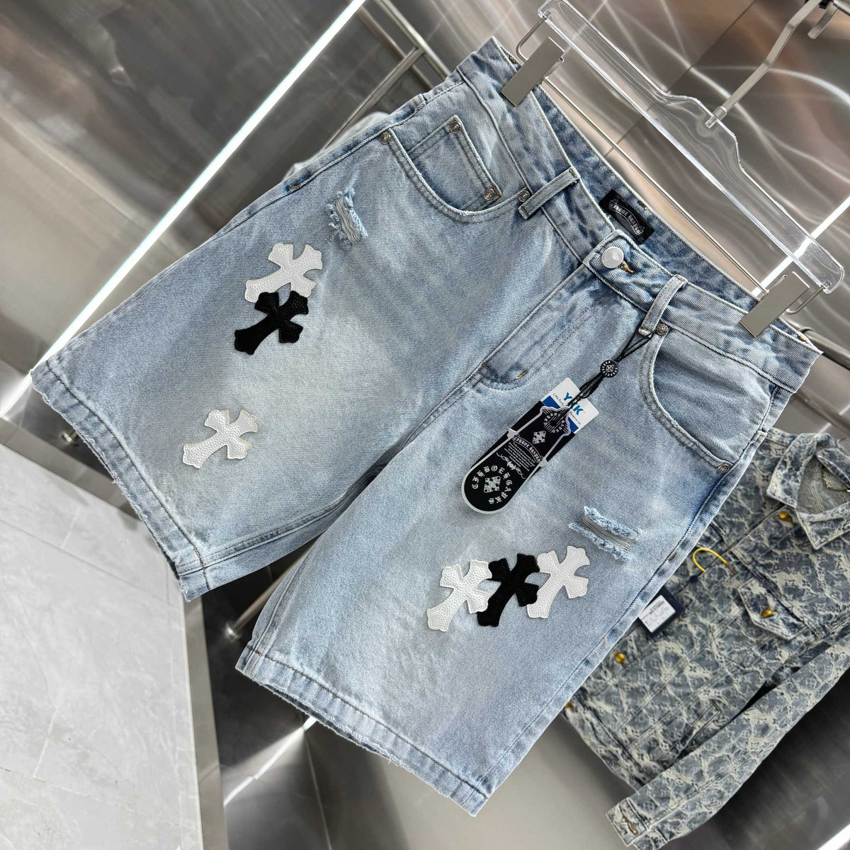 Spring and summer new cross denim shorts made of split leather