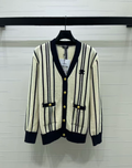 Women's Luxury Striped Knit Cardigan; Long-sleeved Knit Set Featuring A V-neck and Contrasting Trim.