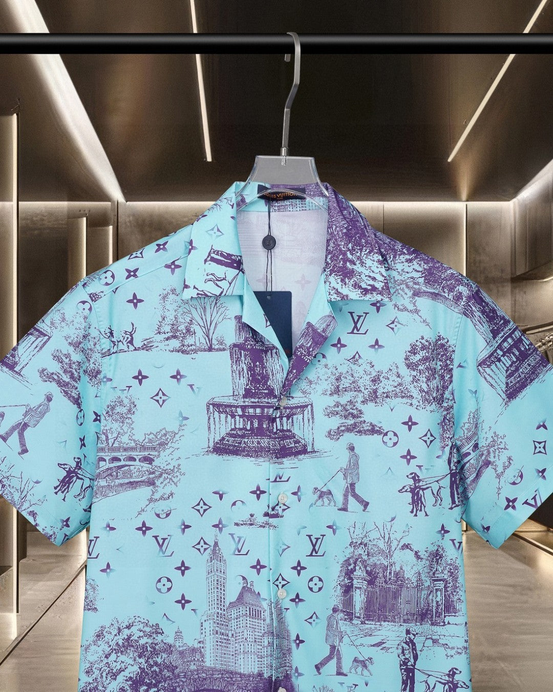 Short sleeved shirt with fragmented urban landscape pattern