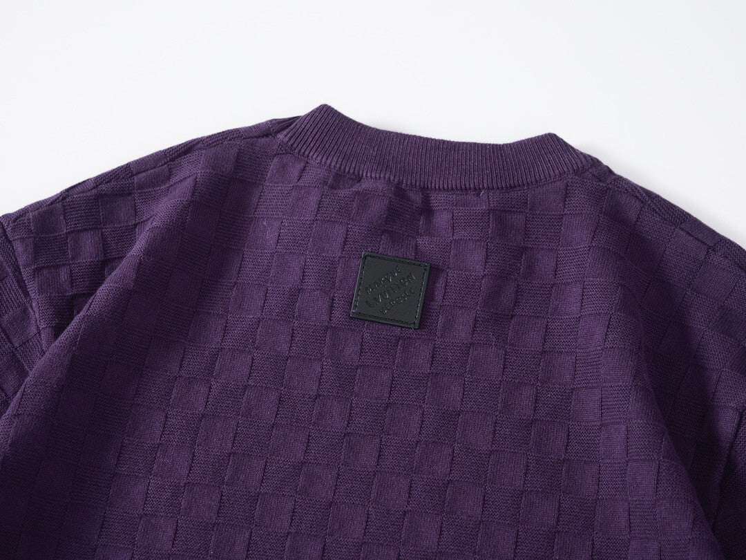 Letter Embroidered Check Jacquard T-Shirt