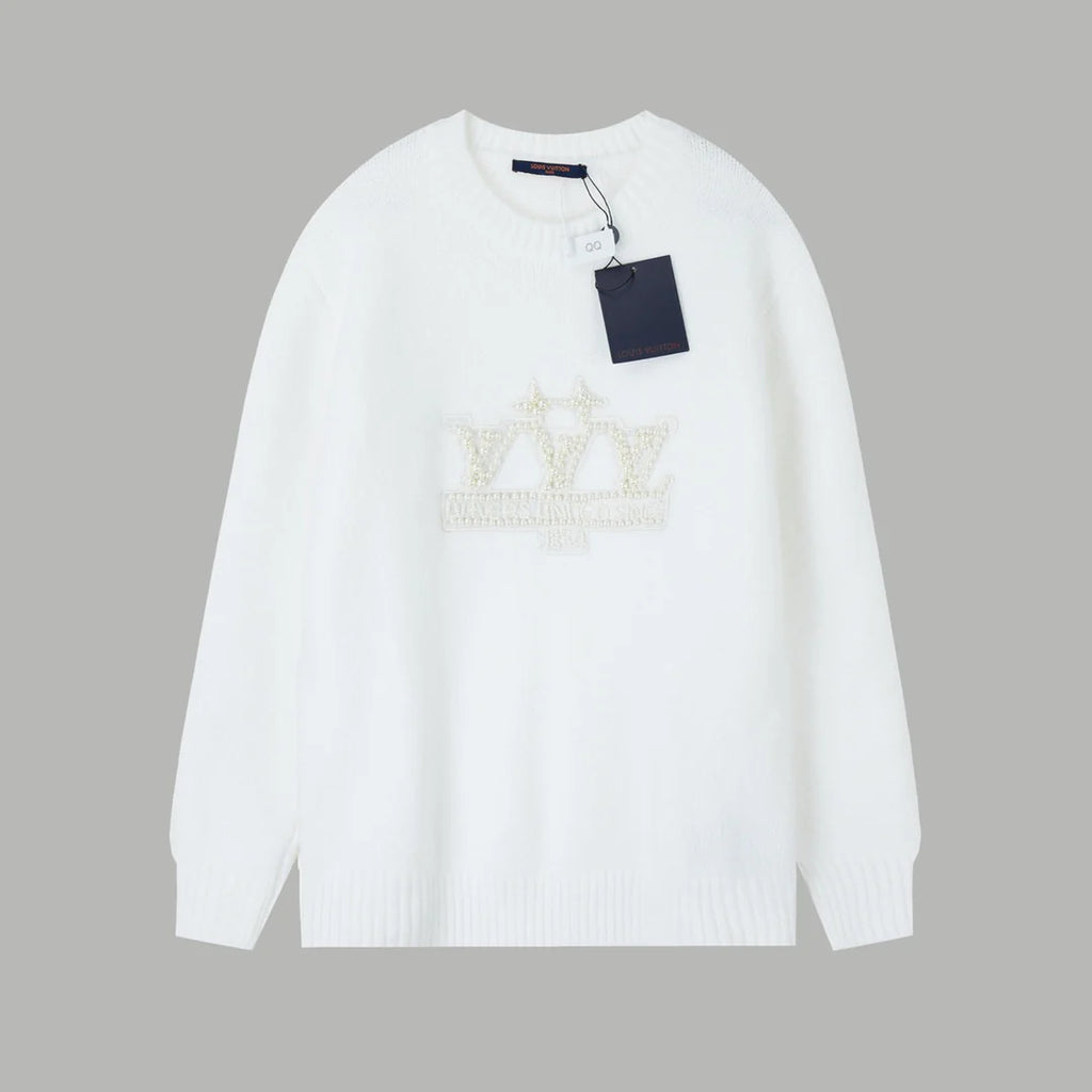 Embroidered pearl micro label round neck sweater