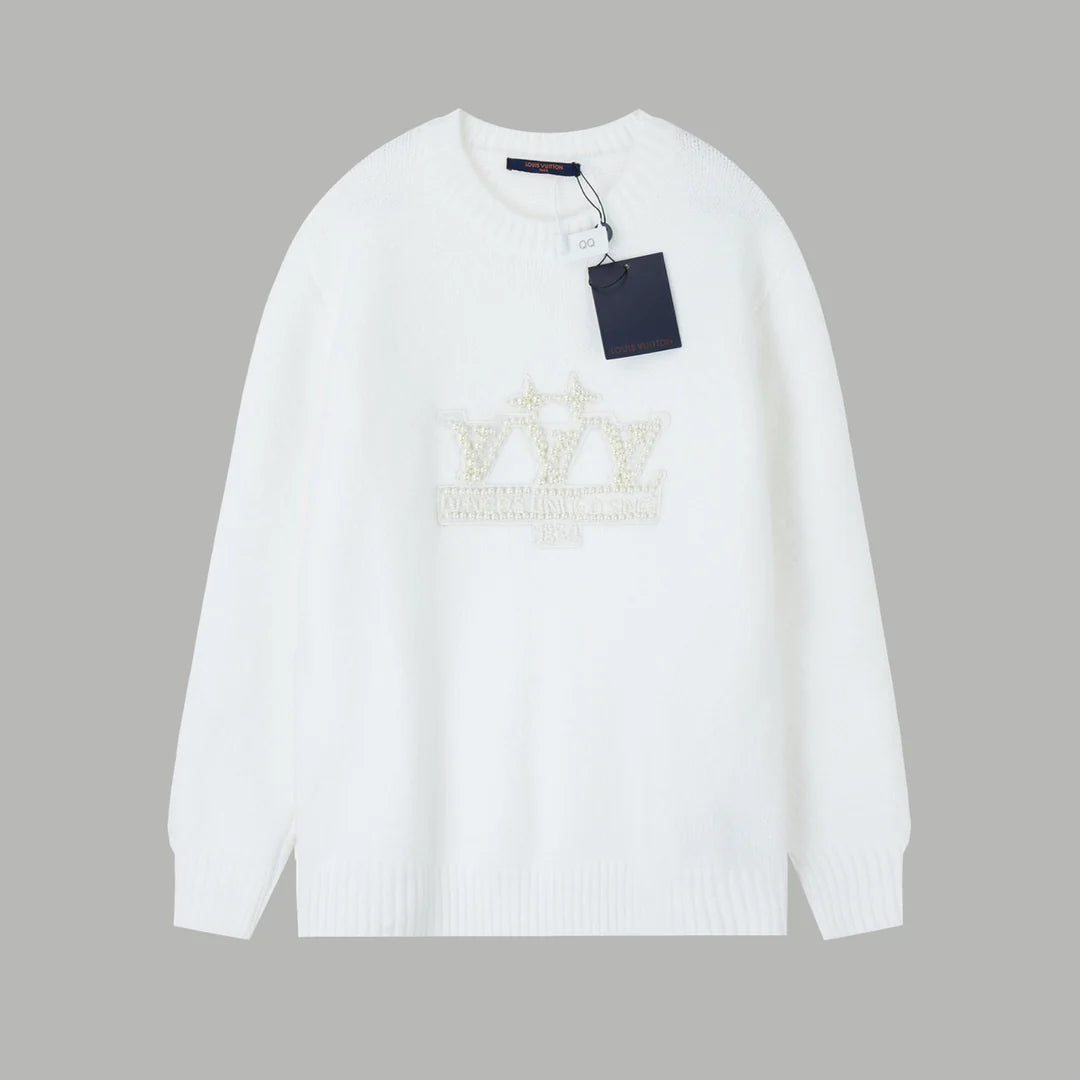 Embroidered pearl micro label round neck sweater