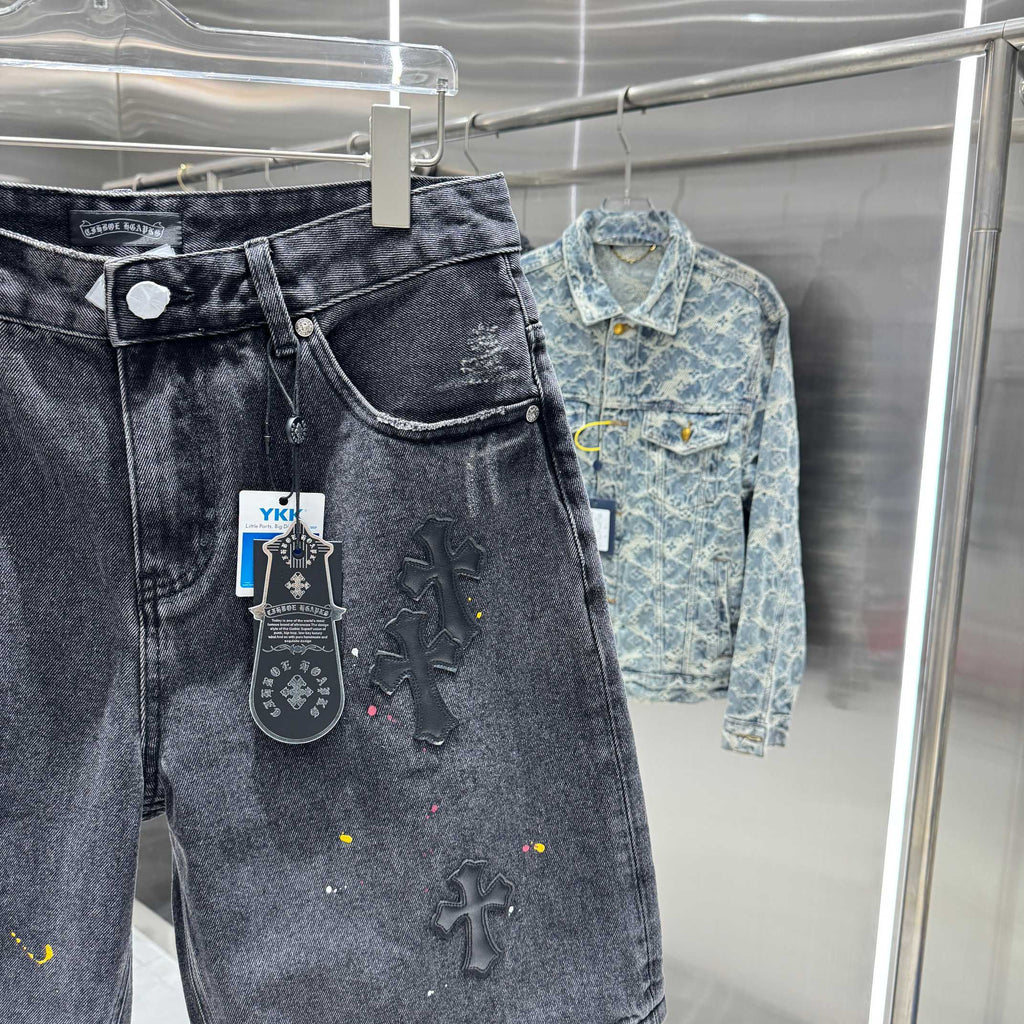 New split leather cross denim shorts