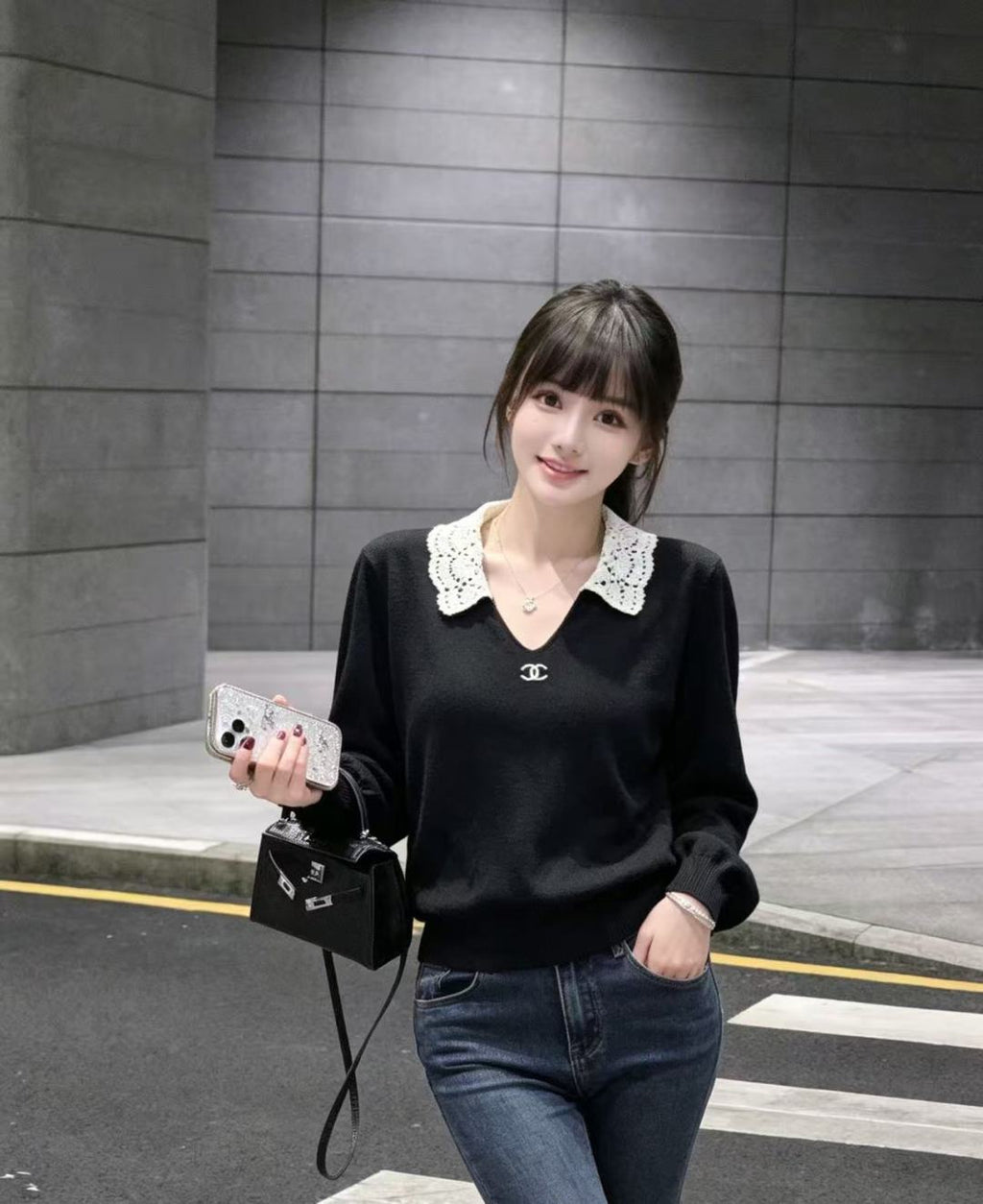 Lace neck V-neck knitted sweater