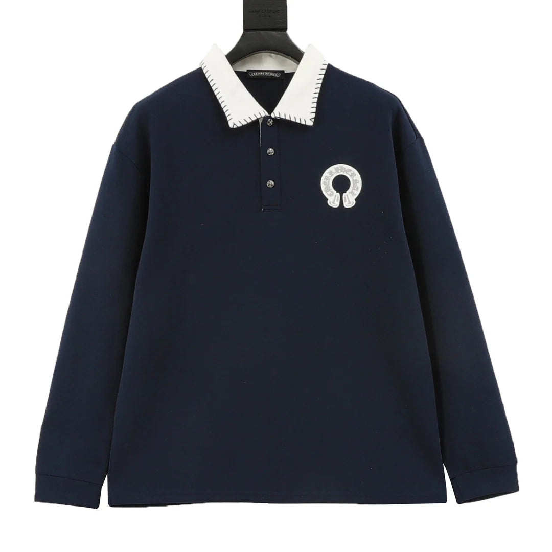 Horseshoe embroidery lapel long sleeved polo shirt