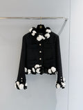 Black Textured Tweed Cropped Jacket | Black & White Pom Pom Fringe Trim Outerwear