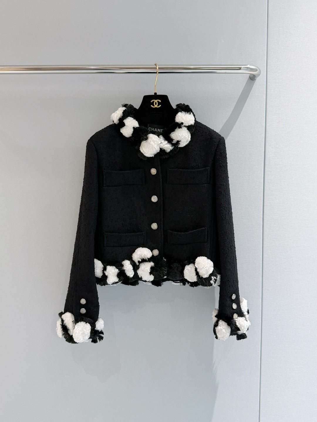 Black Textured Tweed Cropped Jacket | Black & White Pom Pom Fringe Trim Outerwear