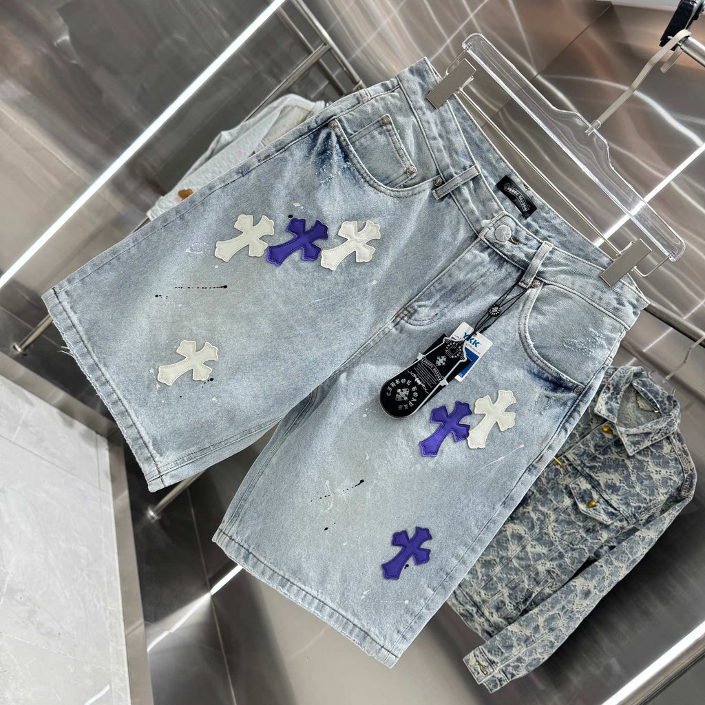 New split leather cross denim shorts