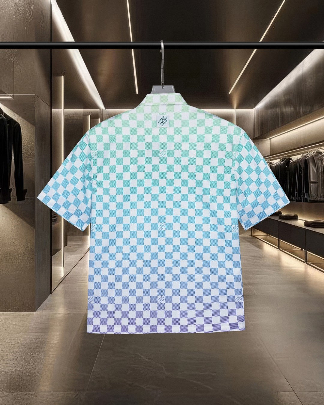 Gradient checkerboard digital printed short sleeved shirt