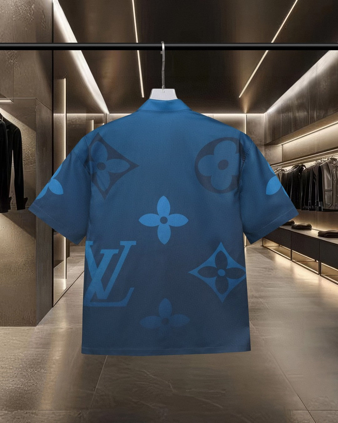 Gradient presbyopia blue digital printed short sleeved shirt