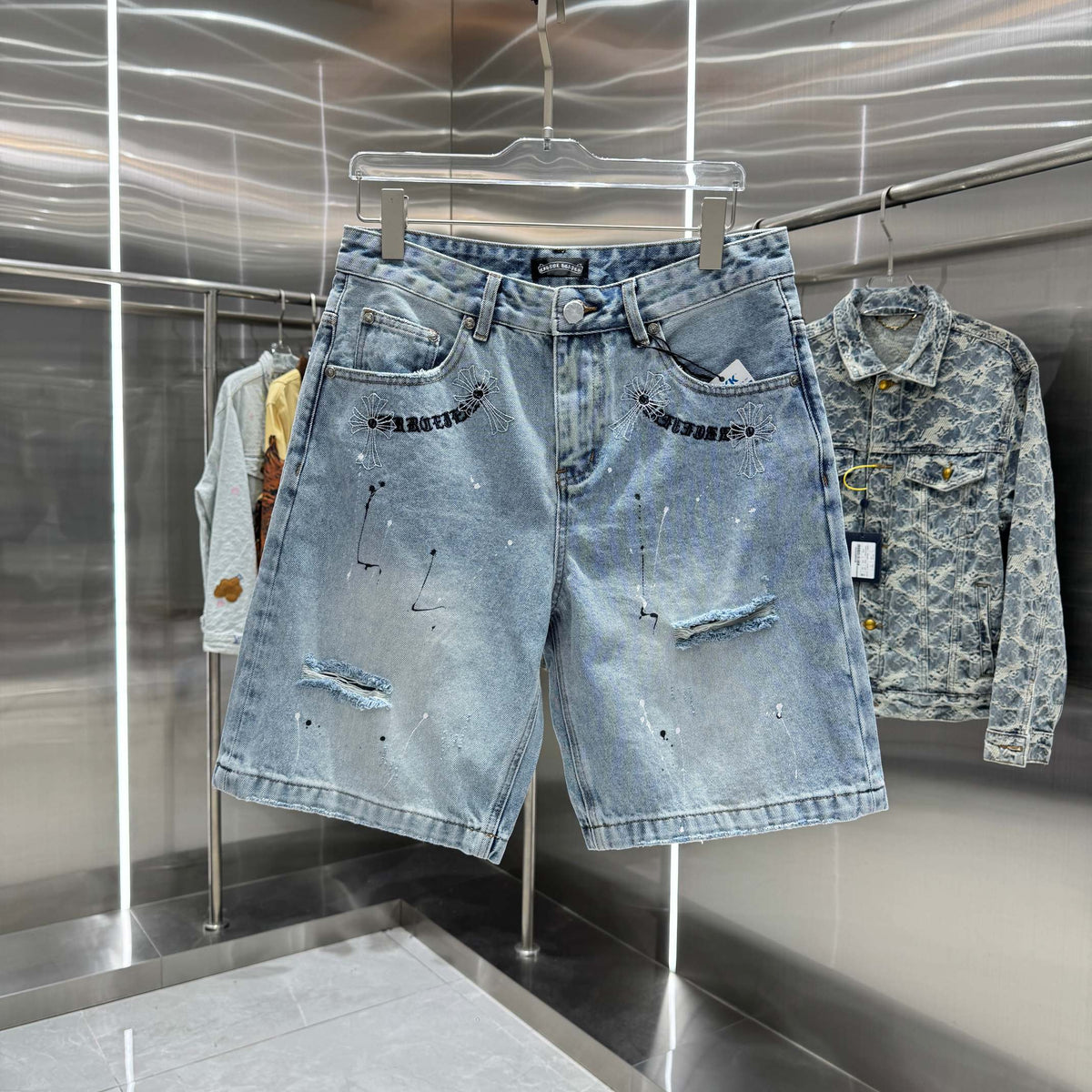 Spring and summer new cross denim shorts made of split leather
