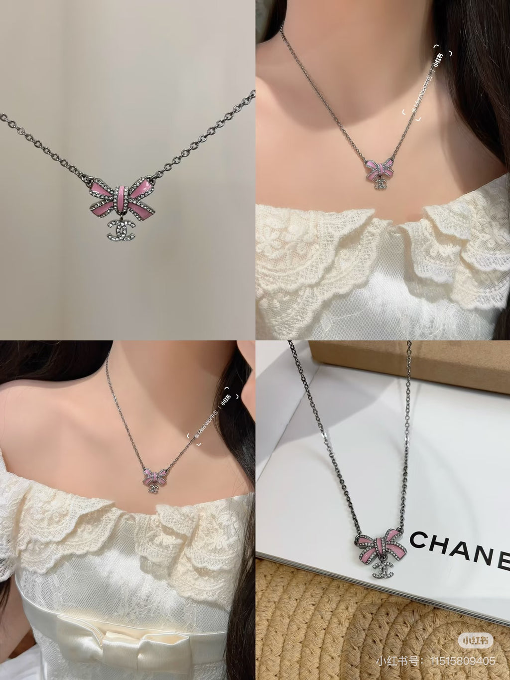 Black gold iridescent enamel bow necklace