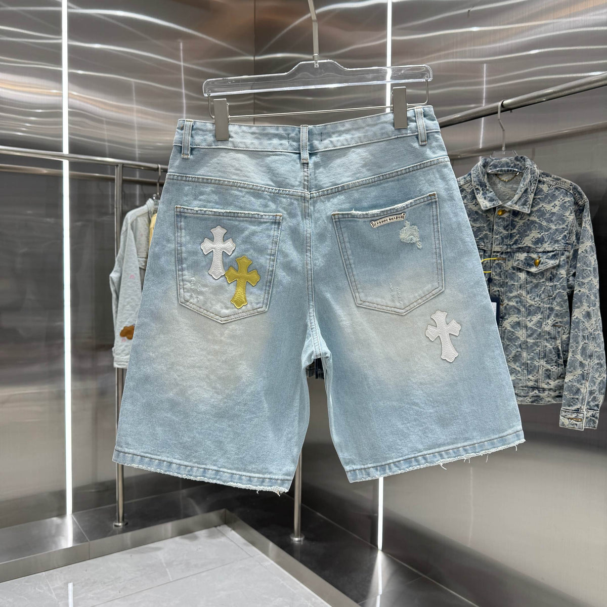 Spring and summer new cross denim shorts made of split leather