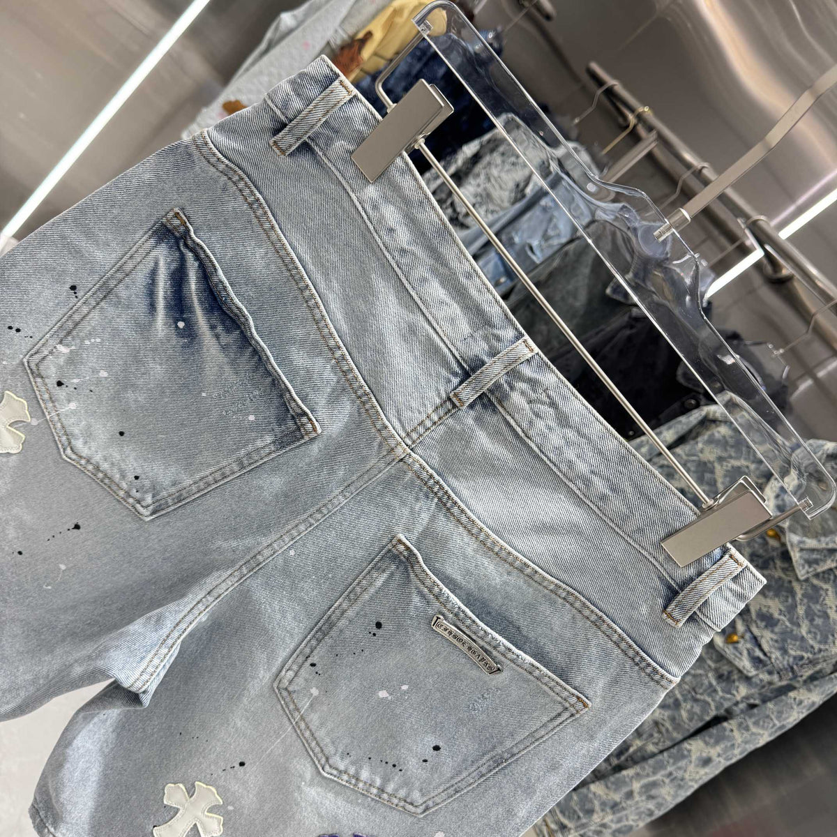 New split leather cross denim shorts