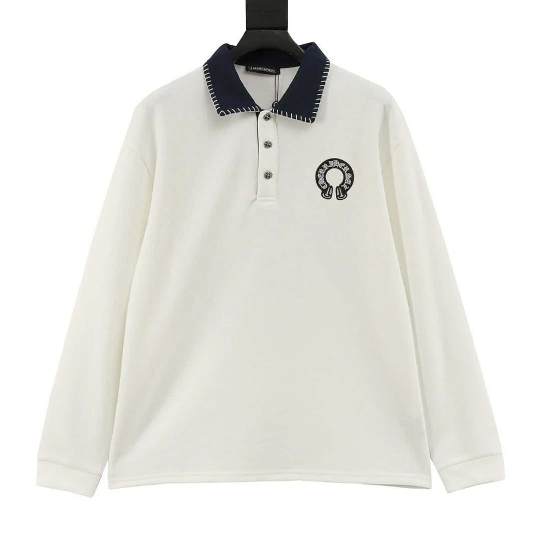 Horseshoe embroidery lapel long sleeved polo shirt