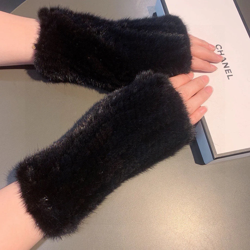 Autumn and winter mink fur exposed finger half cut gloves