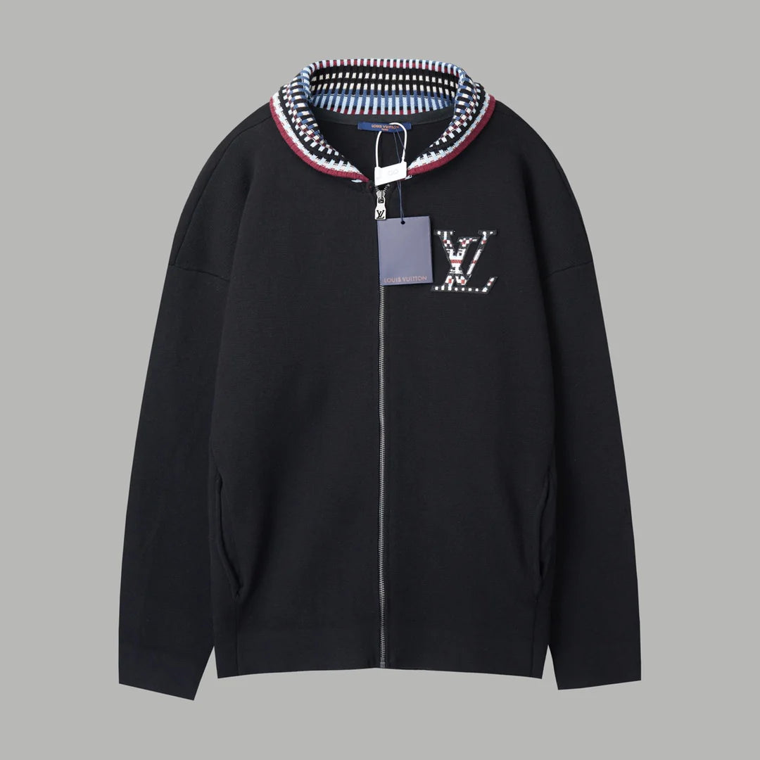 Knitted zipper jacket with grid collar and letter stickers