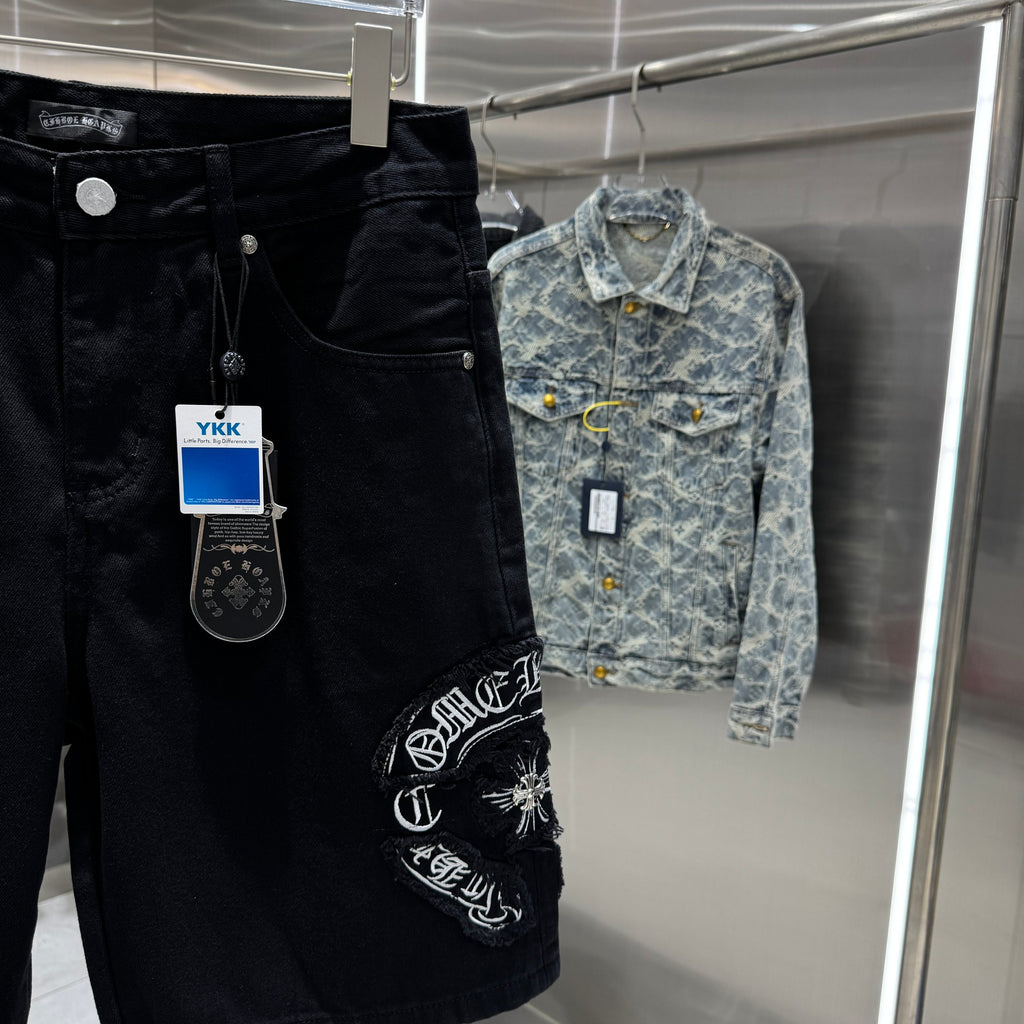 Embroidered cross denim shorts with torn holes