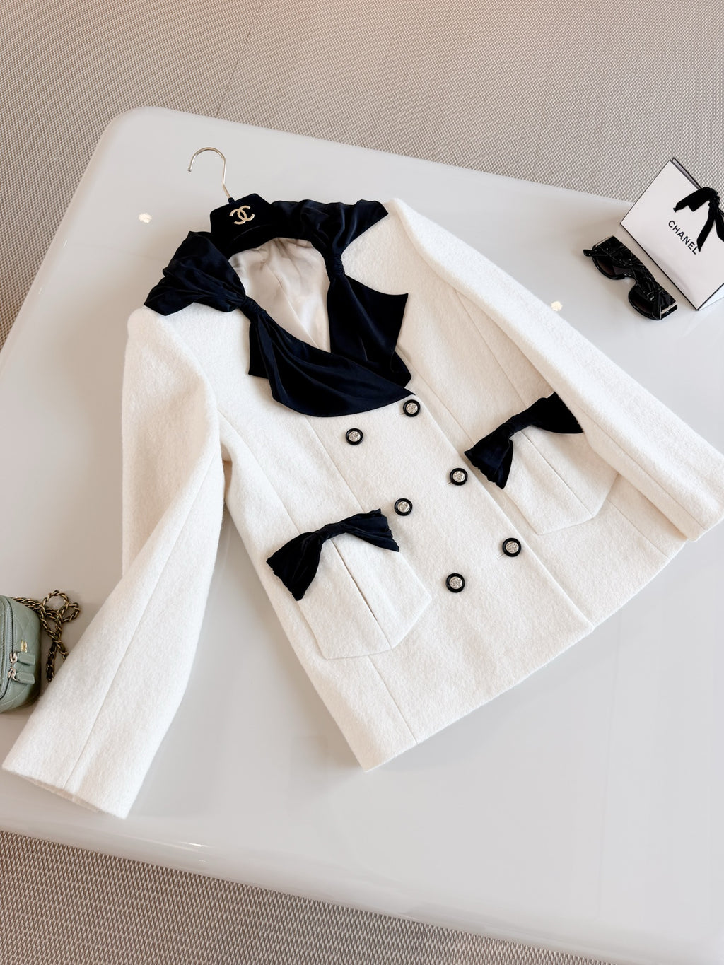 Elegant White Double-Breasted Wool Coat | Black Bow Detail Tweed Jacket
