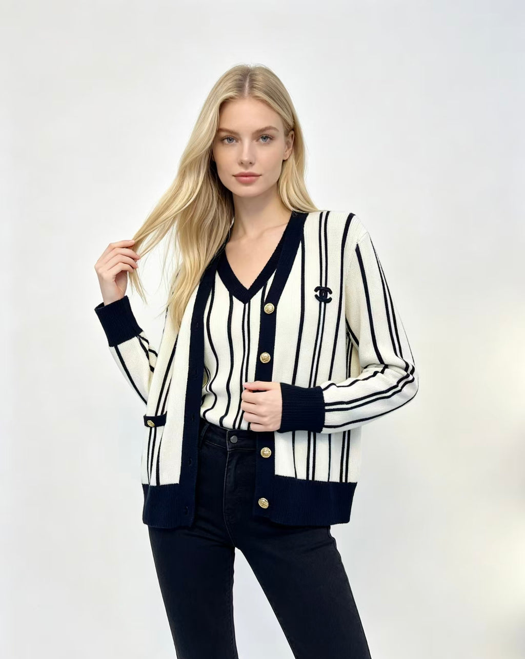 Women's Luxury Striped Knit Cardigan; Long-sleeved Knit Set Featuring A V-neck and Contrasting Trim.