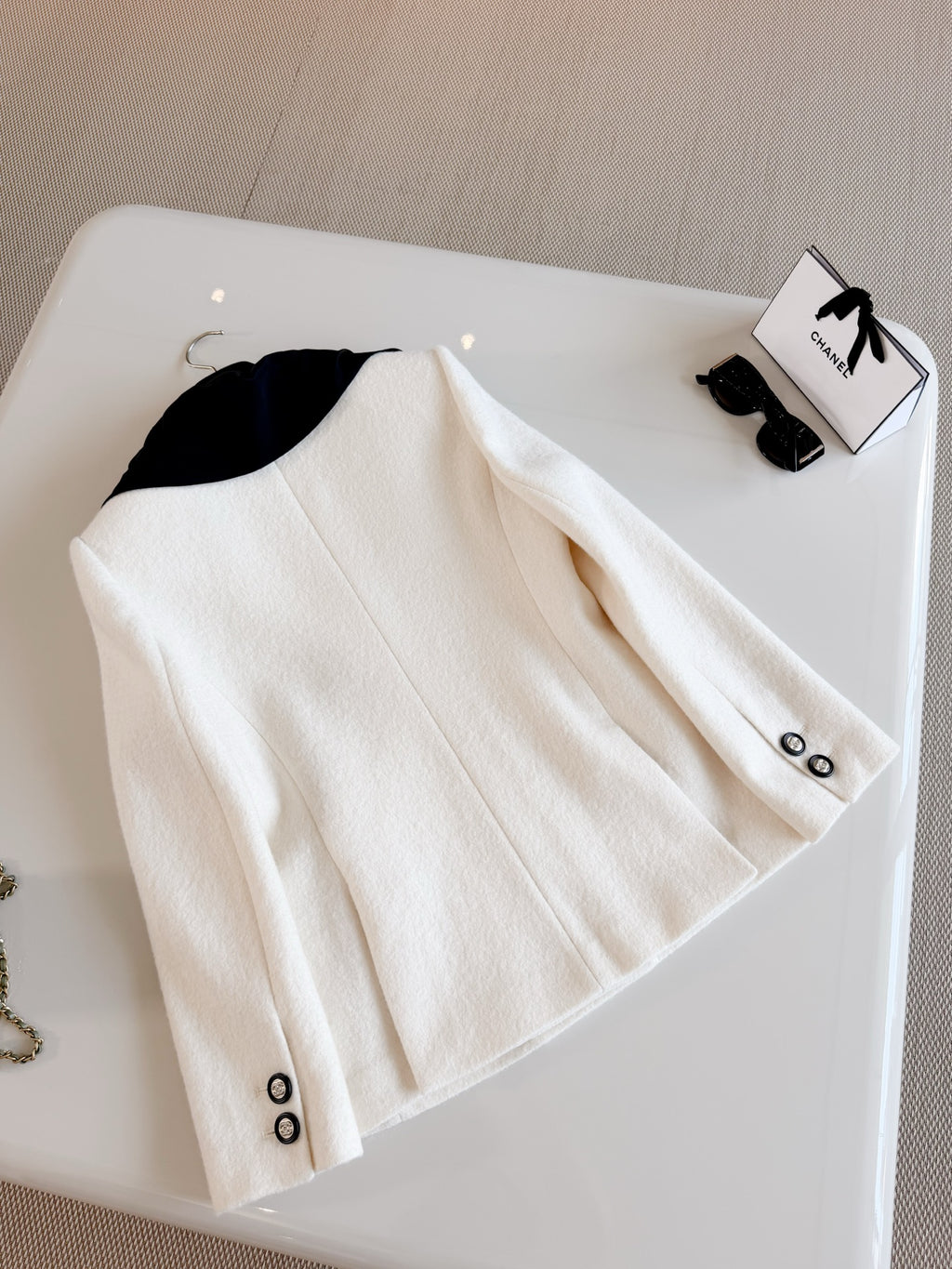 Elegant White Double-Breasted Wool Coat | Black Bow Detail Tweed Jacket