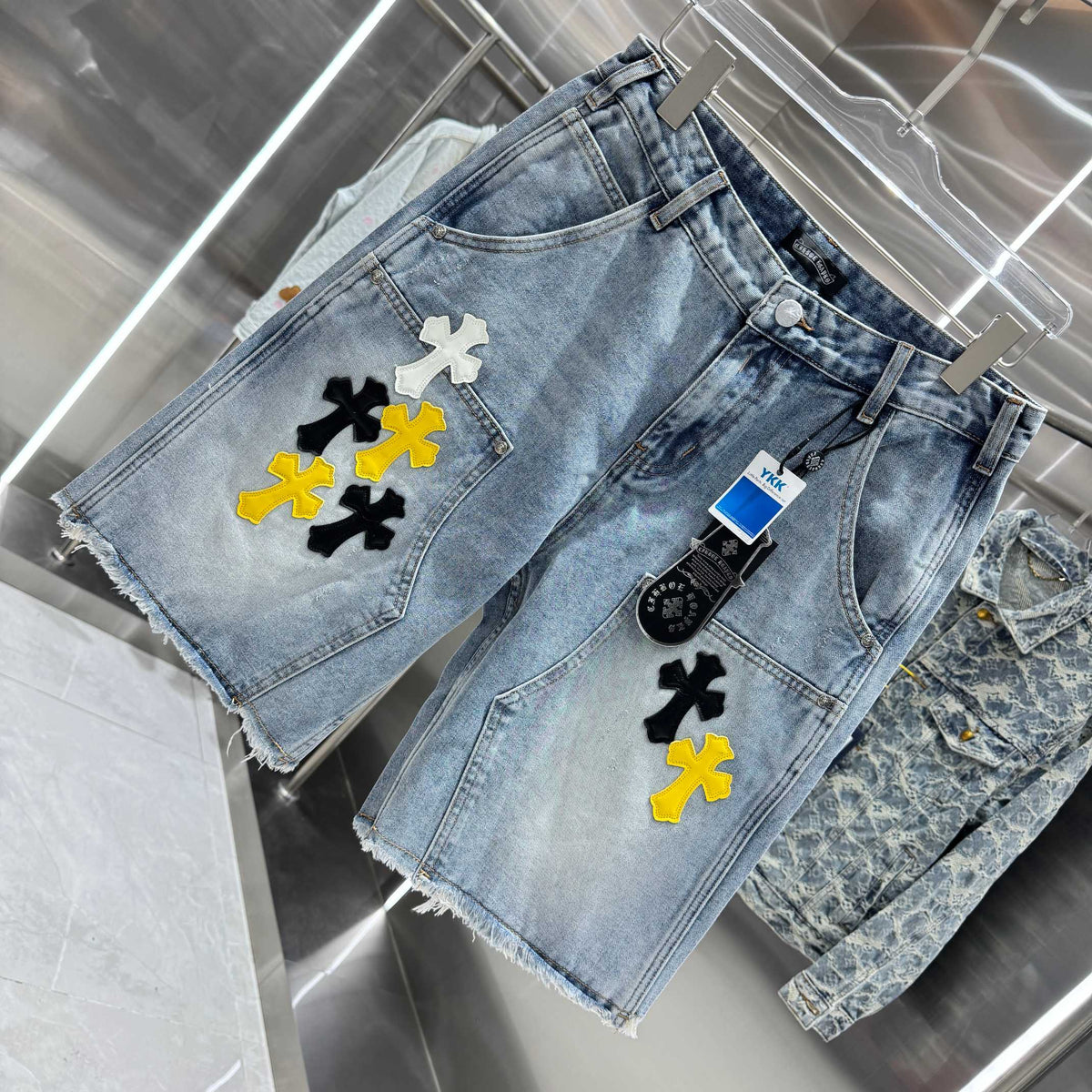 Spring and summer new cross denim shorts made of split leather