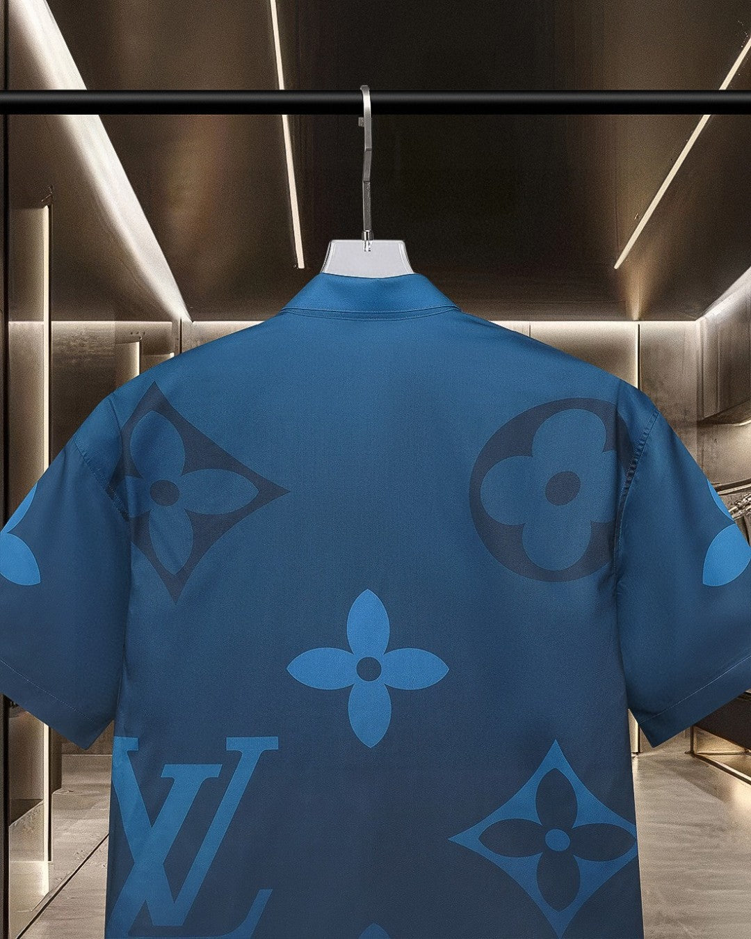 Gradient presbyopia blue digital printed short sleeved shirt