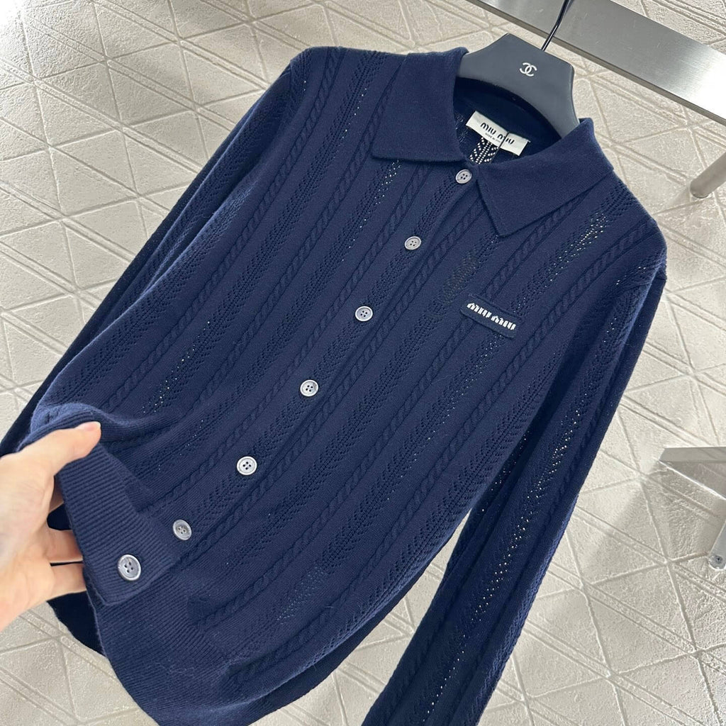 Lapel-Design Openwork Knit Cardigan